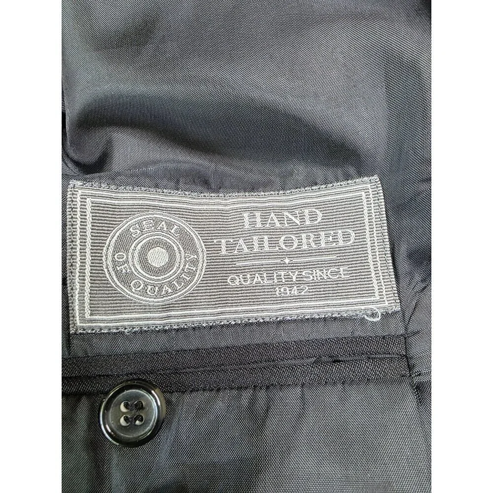 Mens Black Pinstripe Blazer 38S Wool Feel By Burnei Hand Tailored - Picture 15 of 16